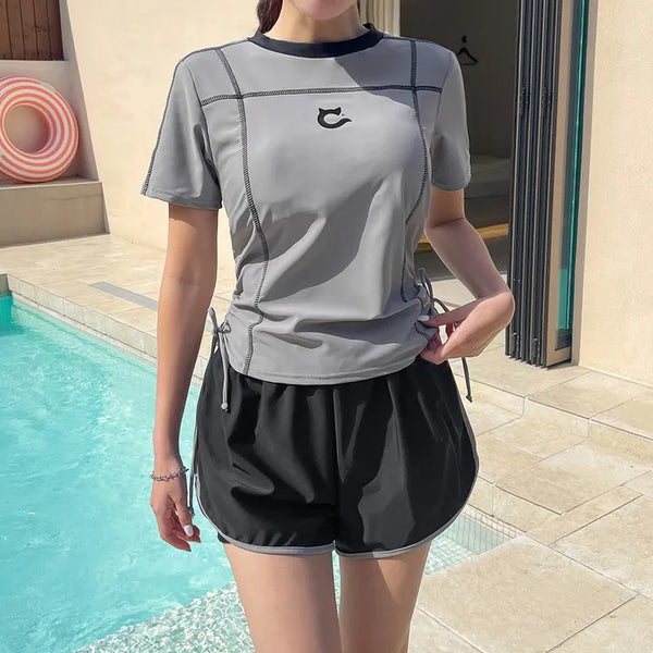 Pochan Shirred Rash Guard Short Sleeve T-shirt Shorts Piece Set Swimwear Resort Look