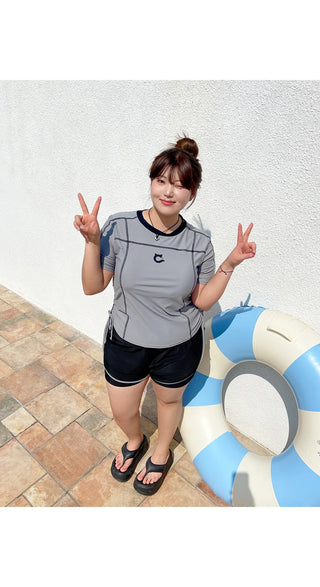 Pochan Shirred Rash Guard Short Sleeve T-shirt Shorts Piece Set Swimwear Resort Look