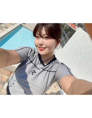 Pochan Shirred Rash Guard Short Sleeve T-shirt Shorts Piece Set Swimwear Resort Look