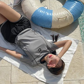 Pochan Shirred Rash Guard Short Sleeve T-shirt Shorts Piece Set Swimwear Resort Look