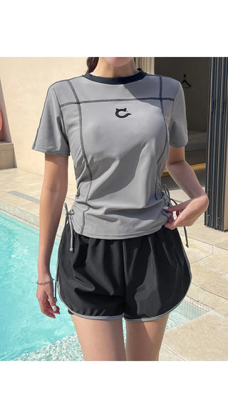 Pochan Shirred Rash Guard Short Sleeve T-shirt Shorts Piece Set Swimwear Resort Look