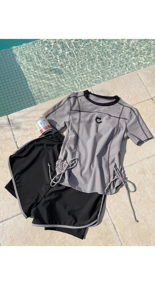 Pochan Shirred Rash Guard Short Sleeve T-shirt Shorts Piece Set Swimwear Resort Look