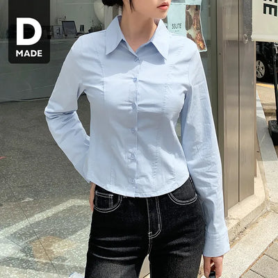 Slim Fit Basic Semi-Crop Long Sleeve Shirt Wedding Guest Look