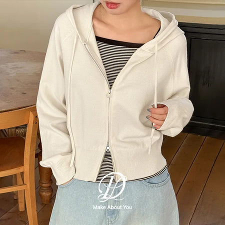 Chumin Cinched Waist Semi-Crop Two-Way Knit Zip-Up Hoodie
