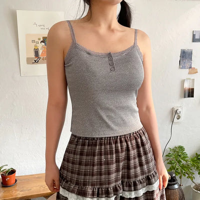 Ventell Built-in Cup Ribbed Lace Button Layered Inner Strap Sleeveless Resort Look Waterbomb Summer Swag Show