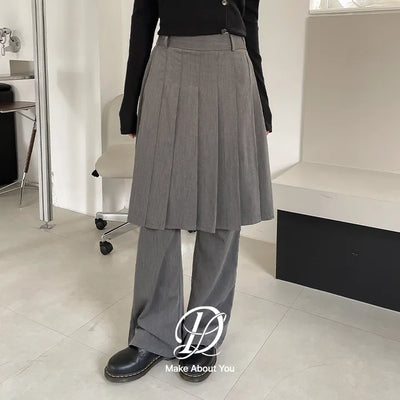 Eodien Pleated Midi Skirt Pants Semi Bootcut Back Elastic Waist Slacks Skirt Pants Wedding Guest Look