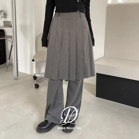 Eodien Pleated Midi Skirt Pants Semi Bootcut Back Elastic Waist Slacks Skirt Pants Wedding Guest Look