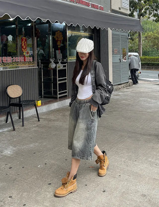 Desty Bermuda Wide Elastic Waist Washed Denim Half Pants
