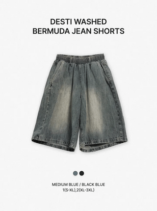 Desty Bermuda Wide Elastic Waist Washed Denim Half Pants
