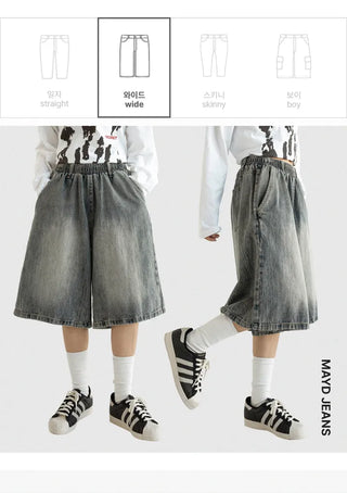 Desty Bermuda Wide Elastic Waist Washed Denim Half Pants