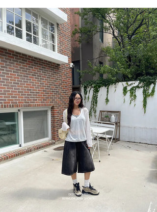 Desty Bermuda Wide Elastic Waist Washed Denim Half Pants