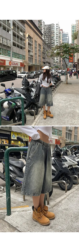 Desty Bermuda Wide Elastic Waist Washed Denim Half Pants
