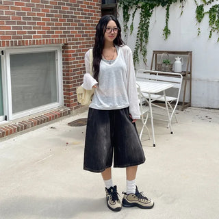 Desty Bermuda Wide Elastic Waist Washed Denim Half Pants