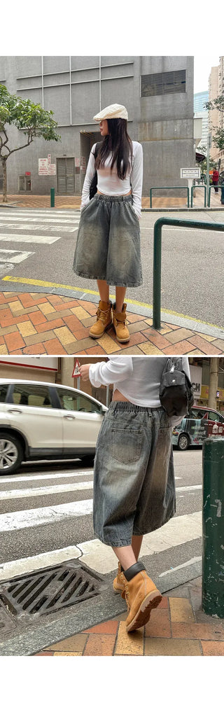Desty Bermuda Wide Elastic Waist Washed Denim Half Pants