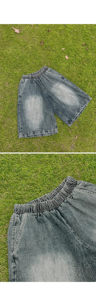 Desty Bermuda Wide Elastic Waist Washed Denim Half Pants