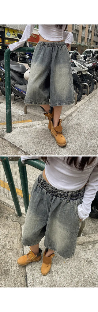 Desty Bermuda Wide Elastic Waist Washed Denim Half Pants