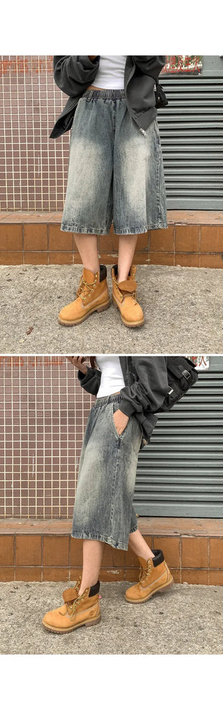 Desty Bermuda Wide Elastic Waist Washed Denim Half Pants