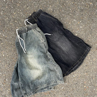 Desty Bermuda Wide Elastic Waist Washed Denim Half Pants
