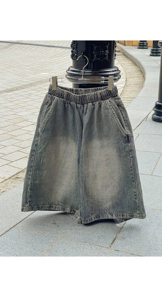 Desty Bermuda Wide Elastic Waist Washed Denim Half Pants