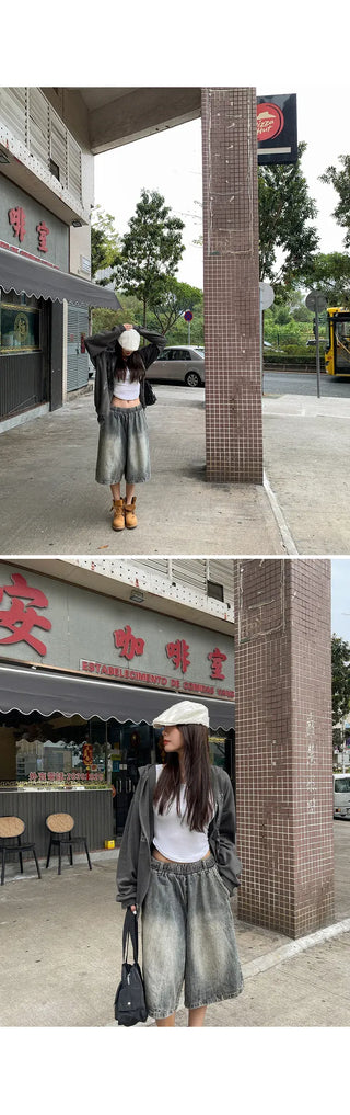 Desty Bermuda Wide Elastic Waist Washed Denim Half Pants