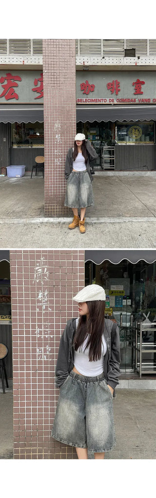 Desty Bermuda Wide Elastic Waist Washed Denim Half Pants