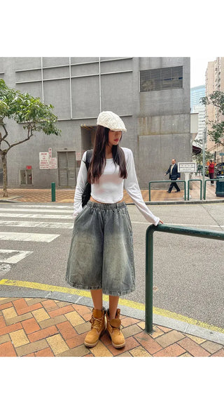 Desty Bermuda Wide Elastic Waist Washed Denim Half Pants