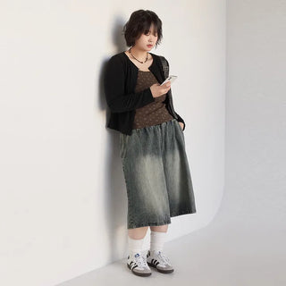 Desty Bermuda Wide Elastic Waist Washed Denim Half Pants