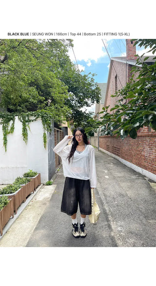 Desty Bermuda Wide Elastic Waist Washed Denim Half Pants