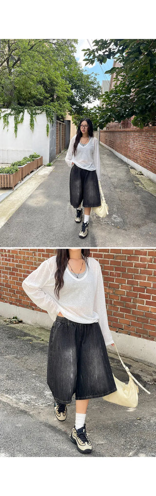 Desty Bermuda Wide Elastic Waist Washed Denim Half Pants