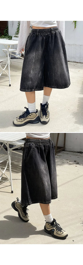 Desty Bermuda Wide Elastic Waist Washed Denim Half Pants