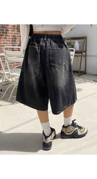 Desty Bermuda Wide Elastic Waist Washed Denim Half Pants