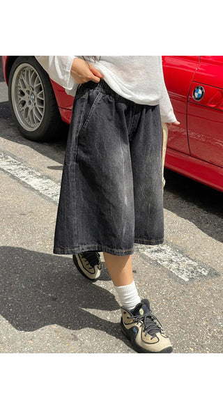 Desty Bermuda Wide Elastic Waist Washed Denim Half Pants