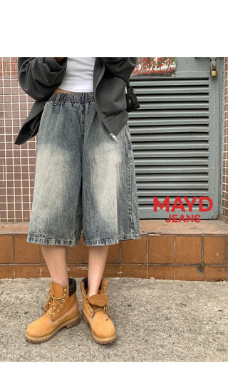 Desty Bermuda Wide Elastic Waist Washed Denim Half Pants