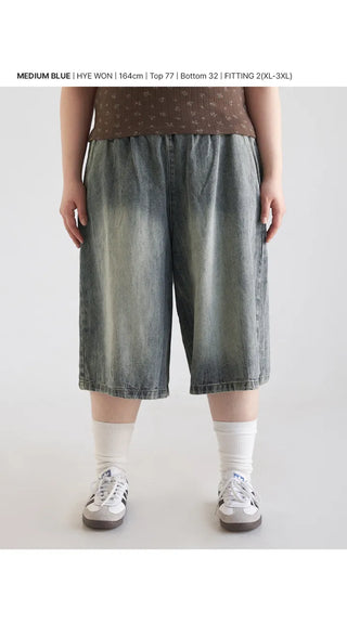 Desty Bermuda Wide Elastic Waist Washed Denim Half Pants