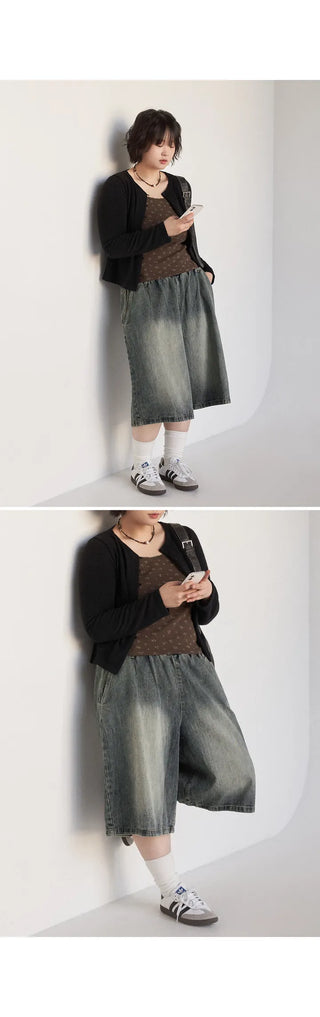 Desty Bermuda Wide Elastic Waist Washed Denim Half Pants