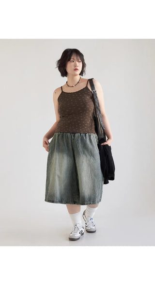 Desty Bermuda Wide Elastic Waist Washed Denim Half Pants