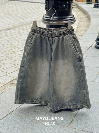 Desty Bermuda Wide Elastic Waist Washed Denim Half Pants