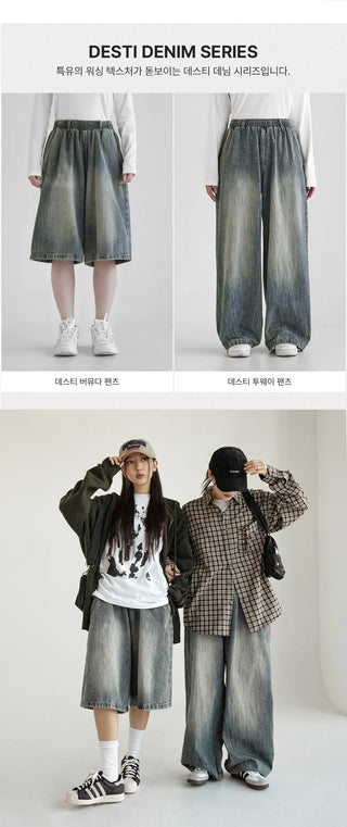 Desty Bermuda Wide Elastic Waist Washed Denim Half Pants