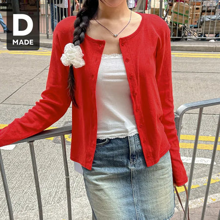Lana Flower Punching Round Semi-Crop Cotton Cardigan