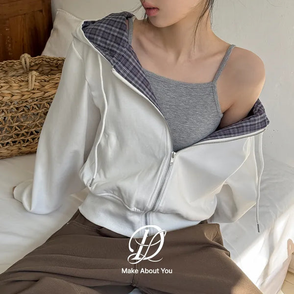 Deo Special Double-Sided Check Color Block Semi-Crop Two-Way Zip-Up Hoodie