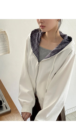 Deo Special Double-Sided Check Color Block Semi-Crop Two-Way Zip-Up Hoodie