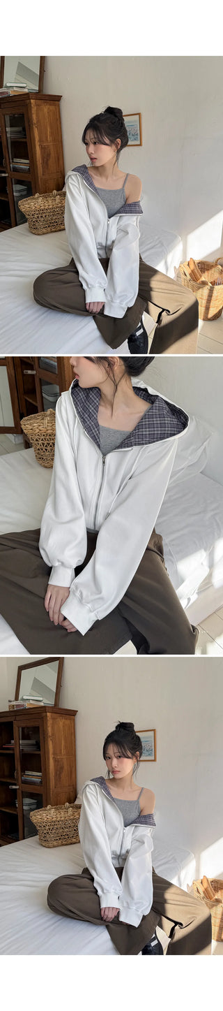 Deo Special Double-Sided Check Color Block Semi-Crop Two-Way Zip-Up Hoodie