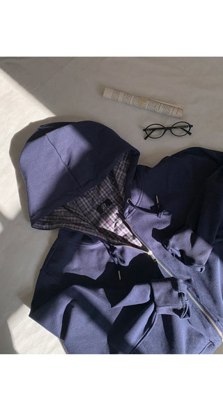 Deo Special Double-Sided Check Color Block Semi-Crop Two-Way Zip-Up Hoodie