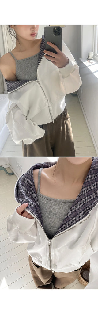 Deo Special Double-Sided Check Color Block Semi-Crop Two-Way Zip-Up Hoodie