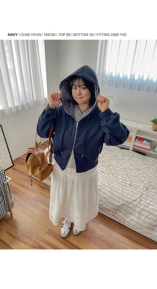 Deo Special Double-Sided Check Color Block Semi-Crop Two-Way Zip-Up Hoodie
