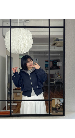 Deo Special Double-Sided Check Color Block Semi-Crop Two-Way Zip-Up Hoodie