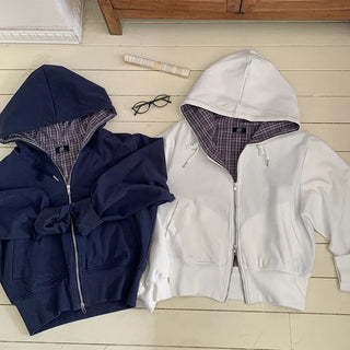 Deo Special Double-Sided Check Color Block Semi-Crop Two-Way Zip-Up Hoodie