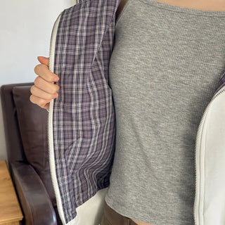 Deo Special Double-Sided Check Color Block Semi-Crop Two-Way Zip-Up Hoodie