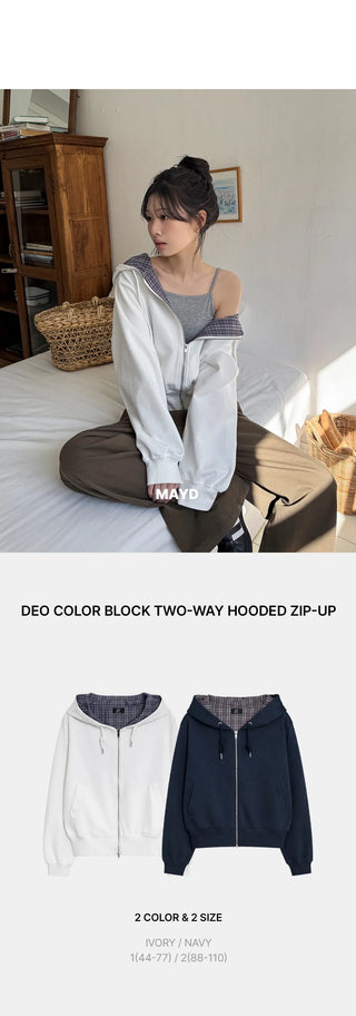 Deo Special Double-Sided Check Color Block Semi-Crop Two-Way Zip-Up Hoodie