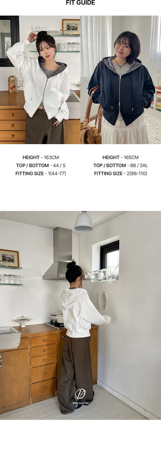 Deo Special Double-Sided Check Color Block Semi-Crop Two-Way Zip-Up Hoodie